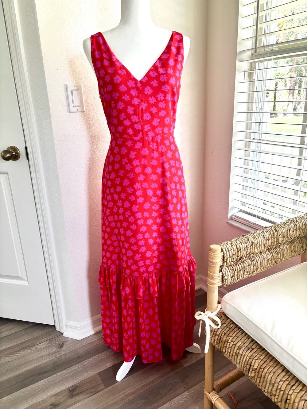 J. Crew Red & Pink Silk Floral V-Neck Tiered Maxi Dress / 8
